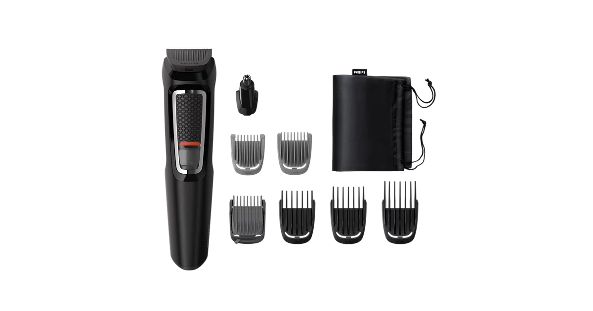 Philips MG3730/15 Multigroom Series 3000 (8-in-1) by Philips — product image showing the trimmer body, blade head and attachments