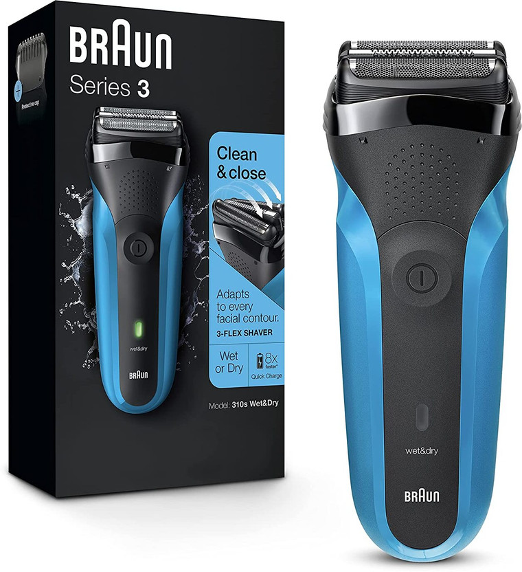 Braun 310s - W&D Shaver by Braun — product image showing the trimmer body, blade head and attachments