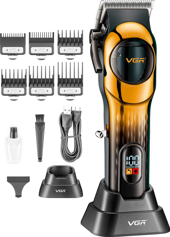 VGR V-166 Professional Cord/Cordless Hair Clipper Trimmer by VGR — product image showing the trimmer body, blade head and attachments