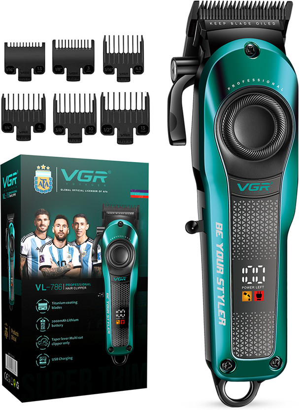 VGR VL-786 Professional Barber’s Choice Salon Hair Clipper Trimmer by VGR — product image showing the trimmer body, blade head and attachments