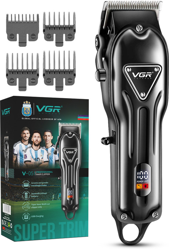 VGR V-051 Professional Hair Clipper with LED Display by VGR — product image showing the trimmer body, blade head and attachments