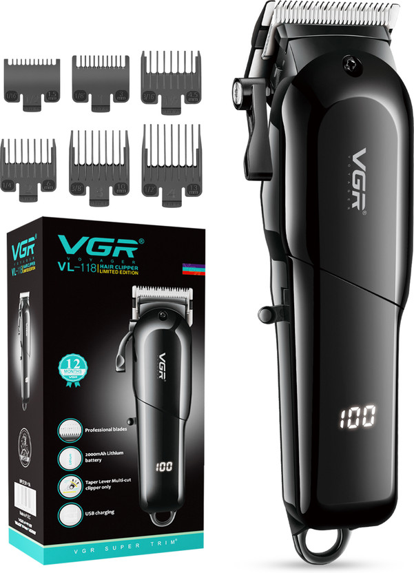 VGR V-118 Professional Hair Clipper with LED Display Trimmer by VGR — product image showing the trimmer body, blade head and attachments