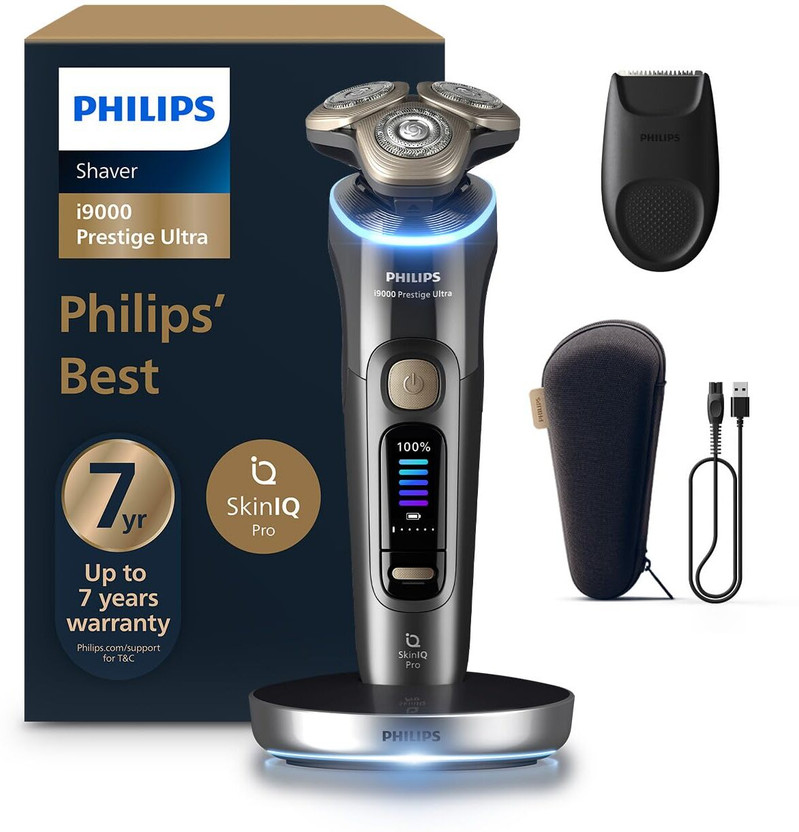 Philips World's No.1 Electric Shaver I SkinIQ Pro Tech by Philips — product image showing the trimmer body, blade head and attachments
