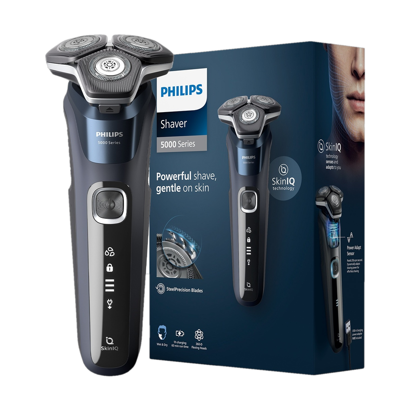 Philips S5885/28 Shaver by Philips — product image showing the trimmer body, blade head and attachments