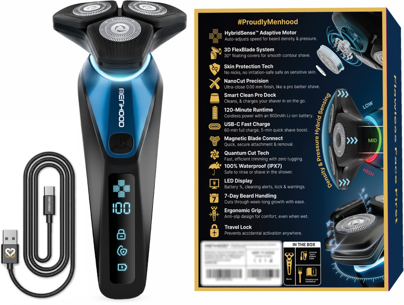 Menhood Pro Shaver 3D HexBlade Rotary 120Min Wet Dry Electric Shaver by Menhood — product image showing the trimmer body, blade head and attachments