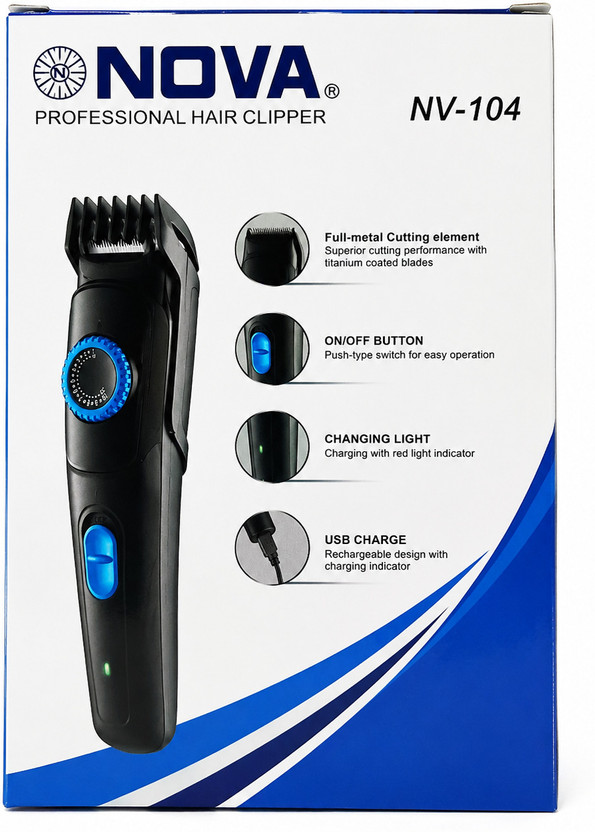 NOVA professional hair trimmer Trimmer 02 Trimmer by Nova — product image showing the trimmer body, blade head and attachments