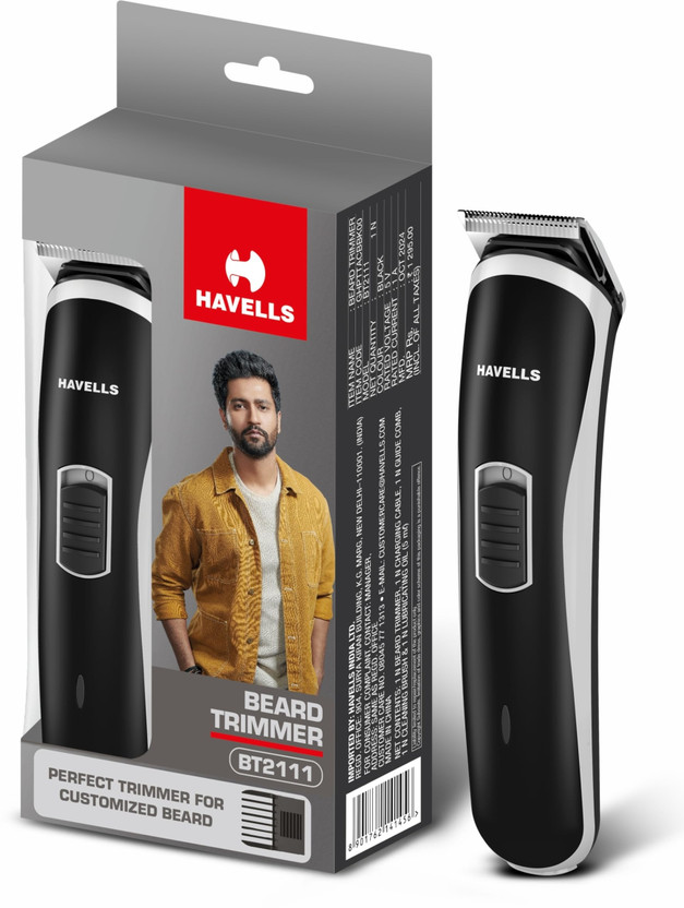 Havells TRIMMER BT 2111 Fully Waterproof Trimmer by Havells — product image showing the trimmer body, blade head and attachments