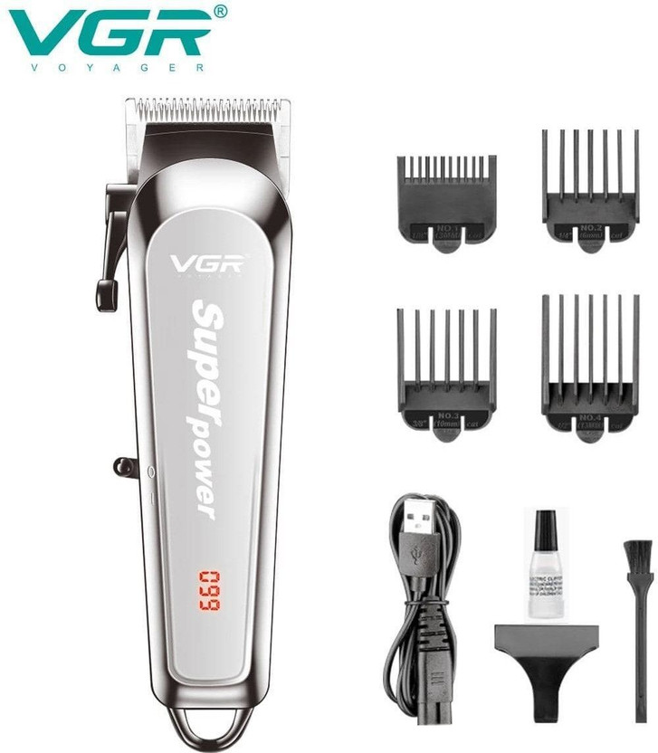 VGR V-060 Digital LED display Professional High speed machine barber hair clippers. Trimmer by VGR — product image showing the trimmer body, blade head and attachments