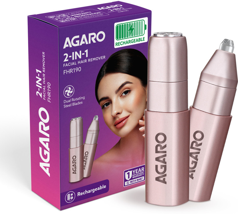 AGARO Facial Hair Remover & Eyebrow Trimmer FHR190 by AGARO — product image showing the trimmer body, blade head and attachments