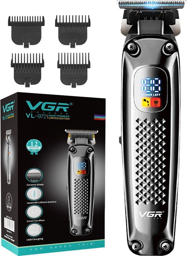 VGR VL-972 Limited Edition Professional Hair Clipper with LED Display Trimmer by VGR — product image showing the trimmer body, blade head and attachments