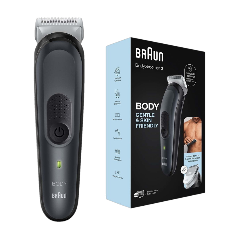 Braun Body Groomer 3 by Braun — product image showing the trimmer body, blade head and attachments