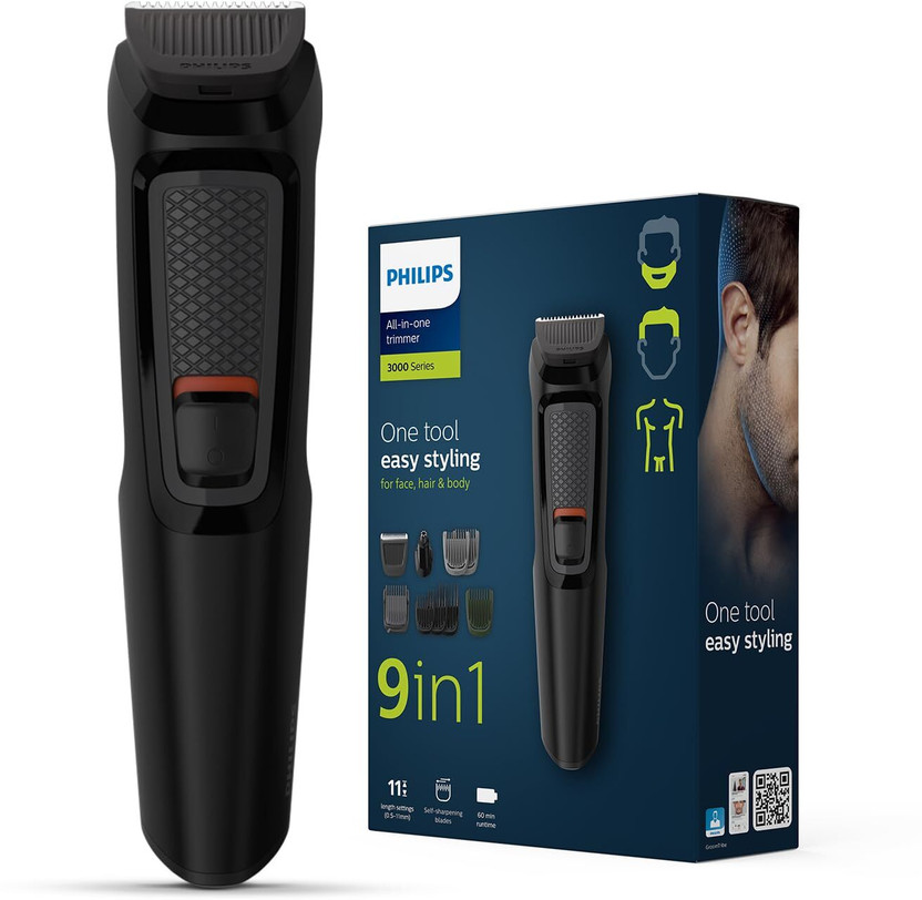 Philips 9 in 1 All in One Trimmer Trimmer by Philips — product image showing the trimmer body, blade head and attachments