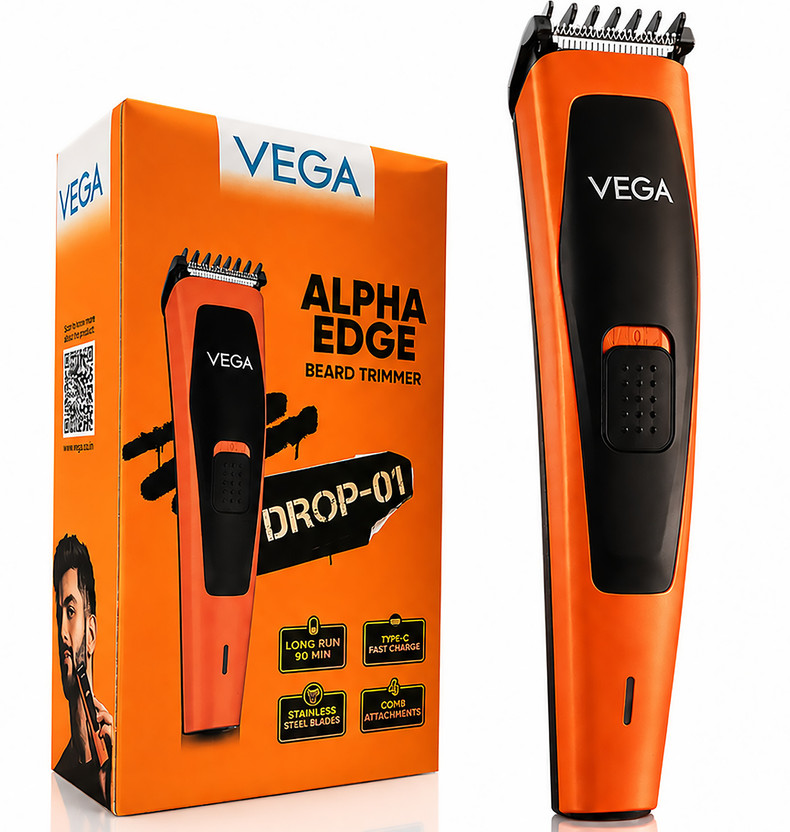 Vega Alpha Edge Beard Groomer by Vega — product image showing the trimmer body, blade head and attachments