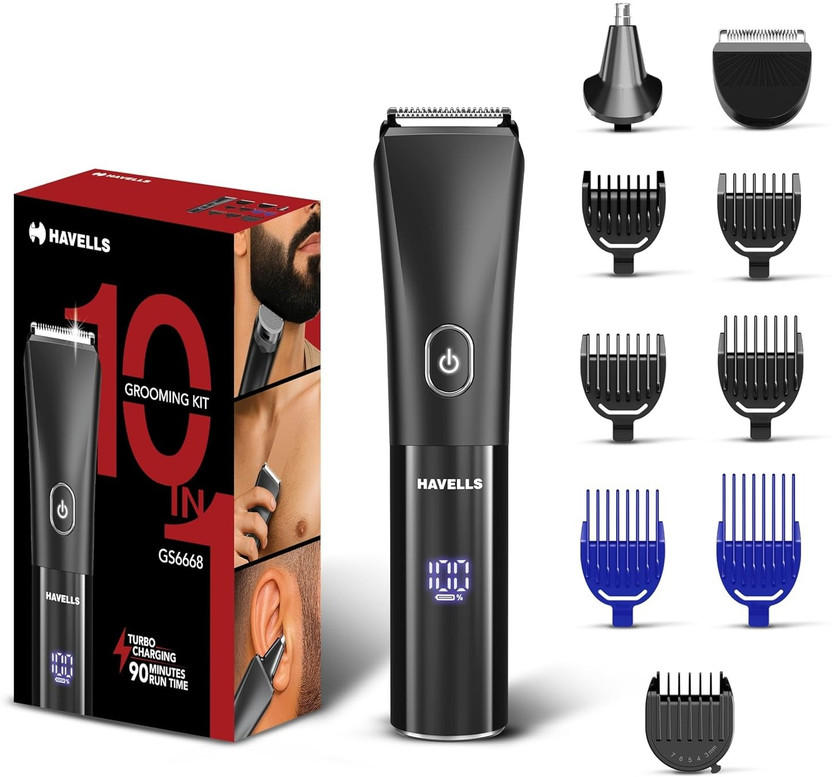 Havells GS6668 Fully Waterproof Grooming Kit by Havells — product image showing the trimmer body, blade head and attachments
