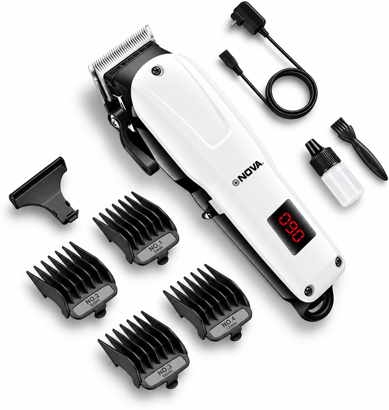 NOVA Professional Rechargeable and Cordless NHT 1083 Hair Clipper Trimmer by Nova — product image showing the trimmer body, blade head and attachments