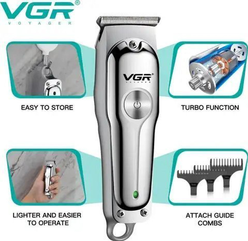 VGR VG-071 Professional Rechargeable Hair Clipper-34 Grooming Kit by VGR — product image showing the trimmer body, blade head and attachments