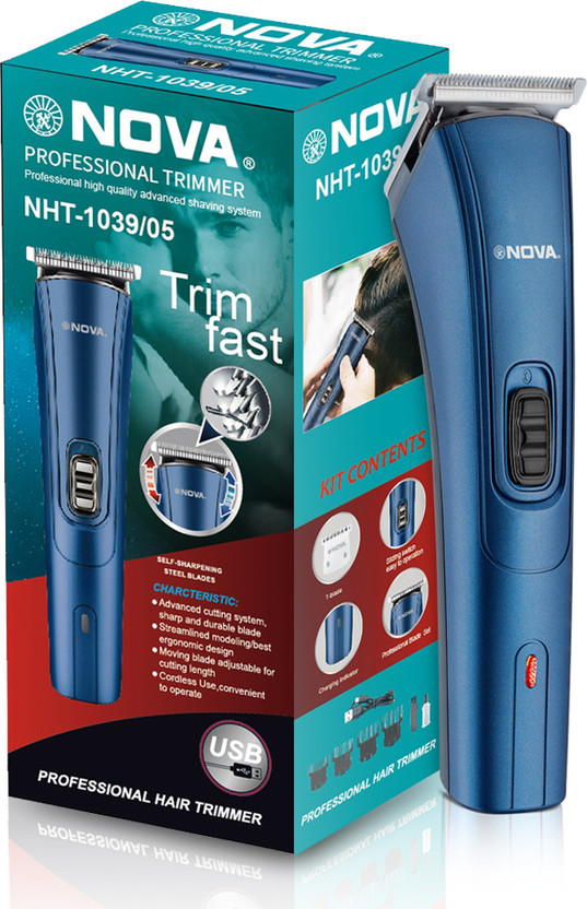 NOVA NHT 1039/05 USB Trimmer by Nova — product image showing the trimmer body, blade head and attachments