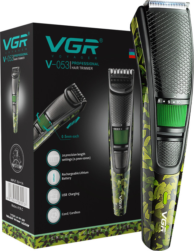 VGR V-053 Camouflage Professional Rechargeable Hair Clipper Trimmer by VGR — product image showing the trimmer body, blade head and attachments