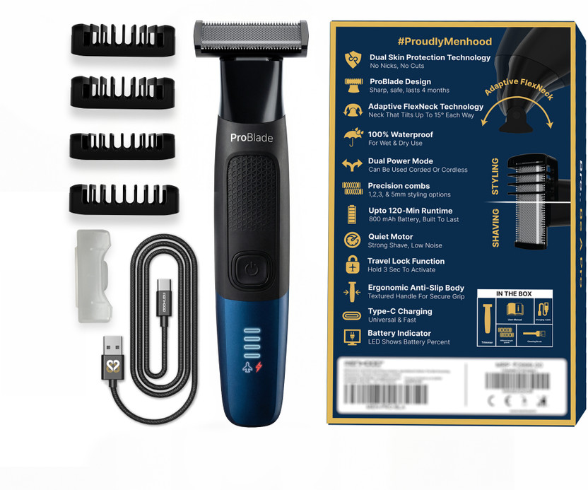 Menhood ProBlade 3-in-1 Hybrid Trimmer Shaver USB Type C Electric Shaver by Menhood — product image showing the trimmer body, blade head and attachments