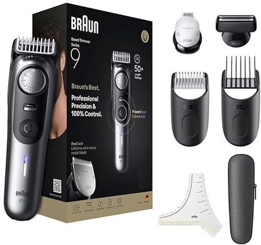 Braun BT9520 8-in-1 Fully Waterproof Trimmer by Braun — product image showing the trimmer body, blade head and attachments