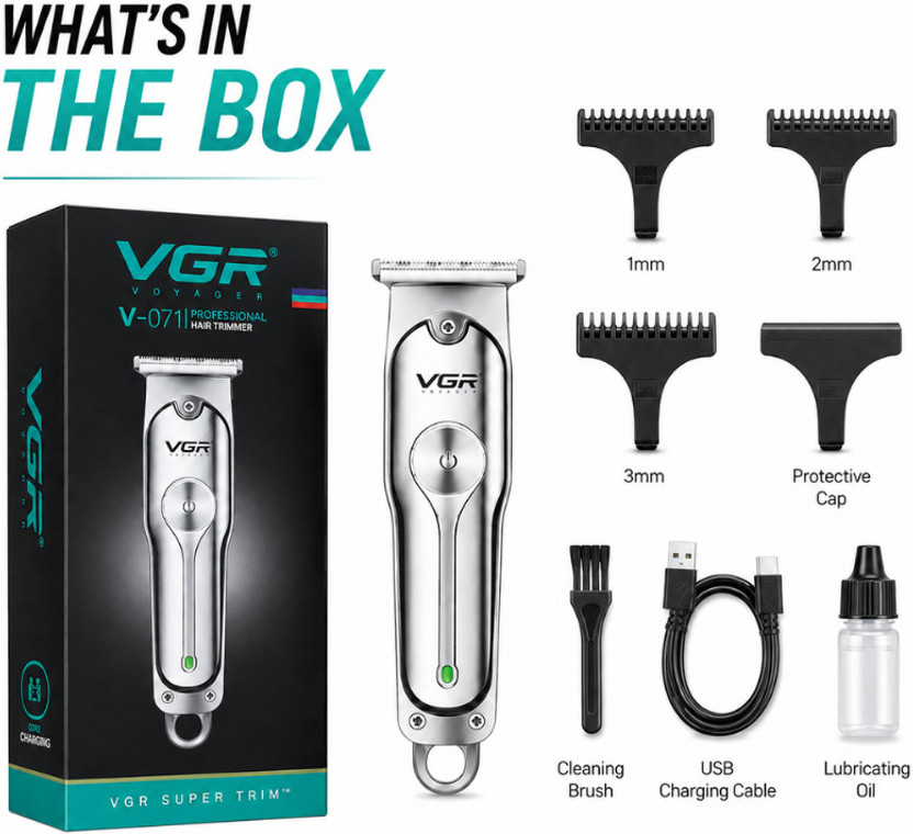 VGR VG-71_RE_TRIMMER Fully Waterproof Trimmer by VGR — product image showing the trimmer body, blade head and attachments