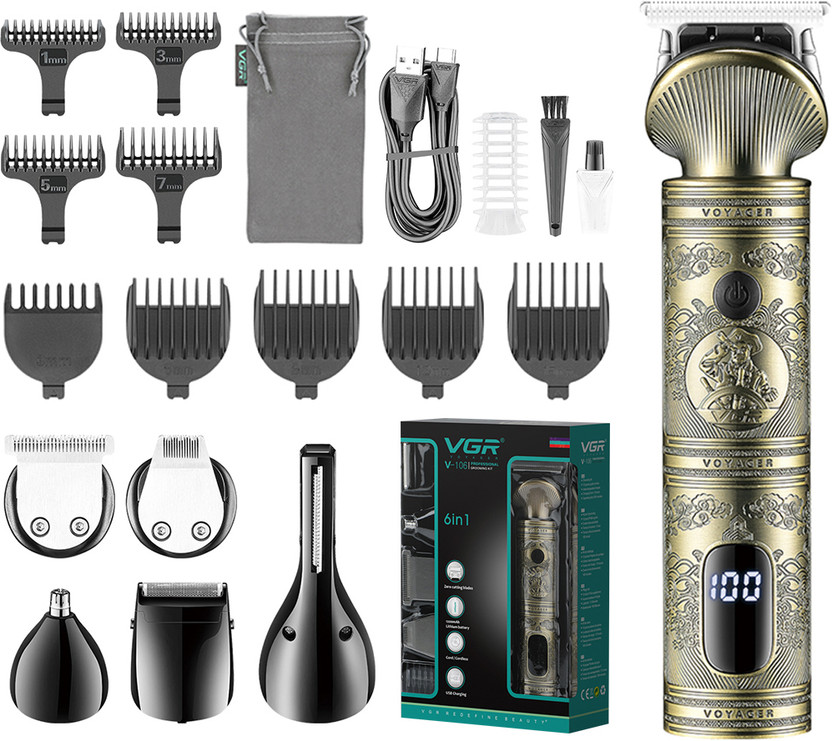 VGR V-106 Grooming Kit by VGR — product image showing the trimmer body, blade head and attachments