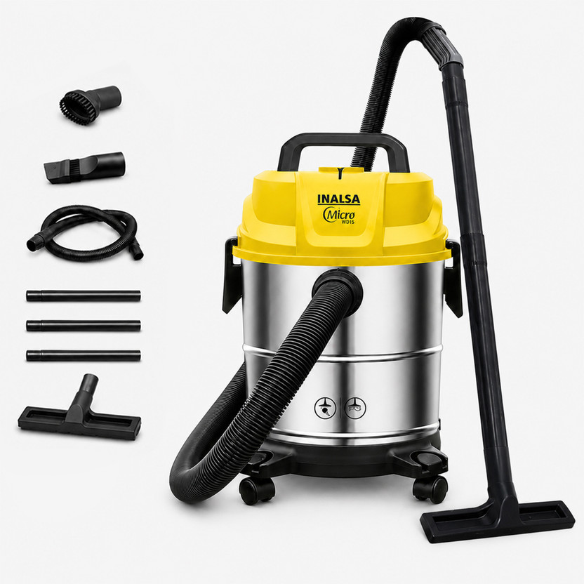 Inalsa Micro WD15 Wet & Dry Vacuum Cleaner 15 LTR Capacity vacuum cleaner by INALSA — product image showing the body, hose and cleaning head